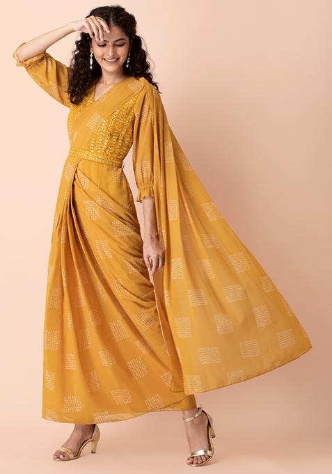 Yellow Bandhej Mirror Pre-Stitched Saree with Attached Blouse 
