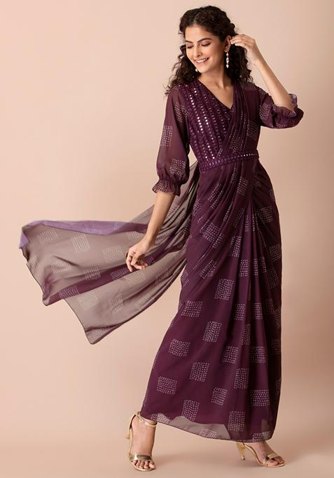 Wine Bandhej Mirror Pre-Stitched Saree with Attached Blouse 
