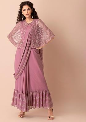 Pink Embroidered Cape Pre-Stitched Saree with Attached Blouse 
