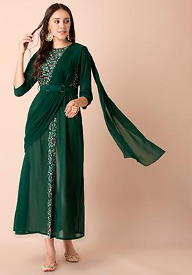 Green Embroidered High Slit Kurta with Attached Dupatta 