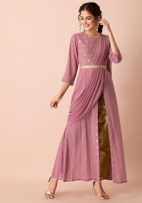 Pink Embroidered Belted High Slit Kurta with Attached Dupatta