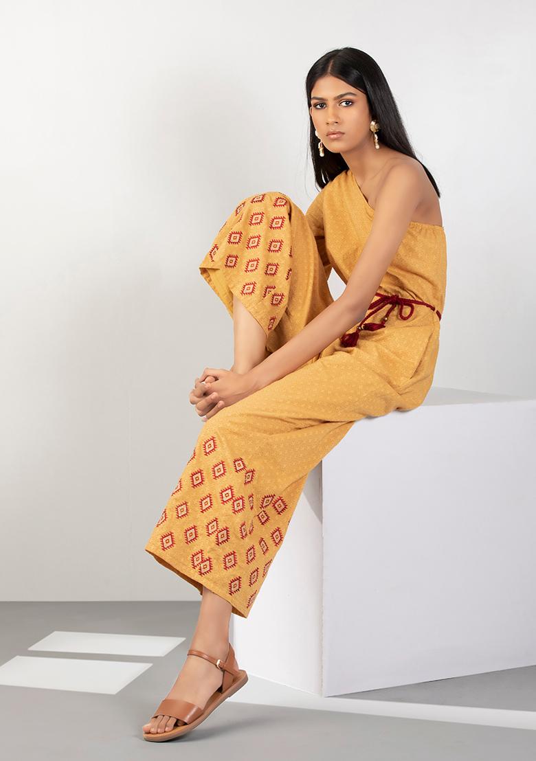 Buy Women Priyal Bhardwaj X Indya Mustard Boota One Shoulder Jumpsuit