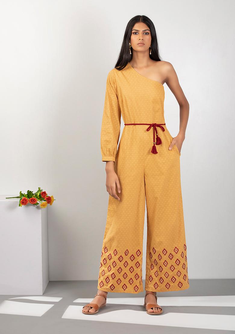 Buy Women Priyal Bhardwaj X Indya Mustard Boota One Shoulder Jumpsuit