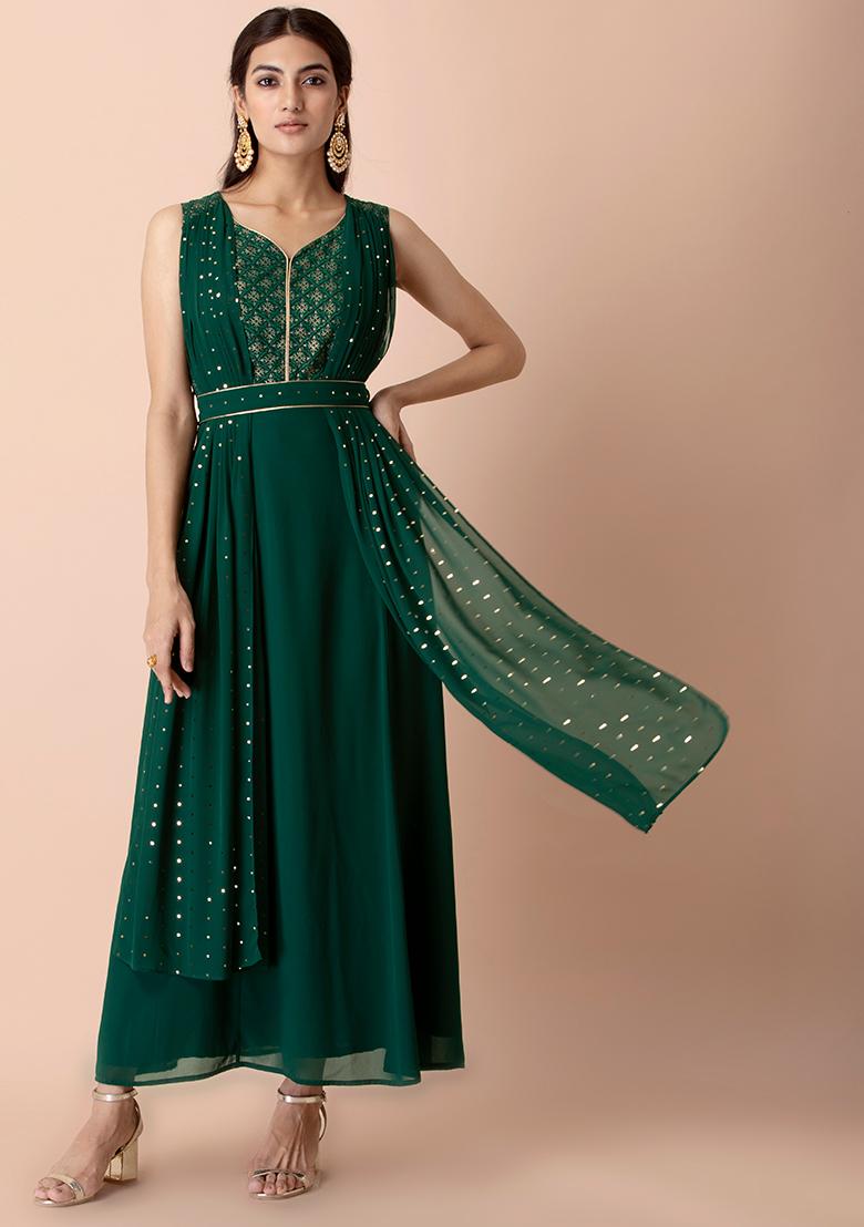 Buy Women Green Foil Double Dupatta Belted Kurta - RTW - Indya