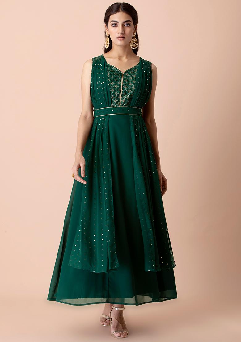 Buy Women Green Foil Double Dupatta Belted Kurta - Rtw - Indya