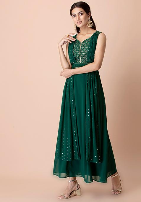 Buy Women Green Foil Double Dupatta Belted Kurta - RTW - Indya