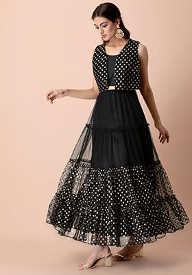 Black Foil Tiered Maxi Kurta with Attached Jacket 