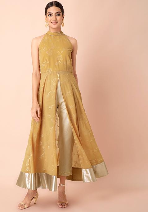 Ochre Foil High Slit Halter Kurta 