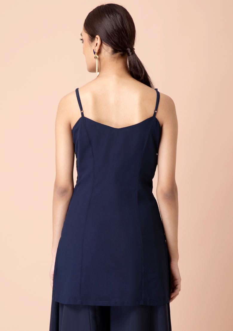 Navy Chikankari Strappy Short Tunic  - Indya
