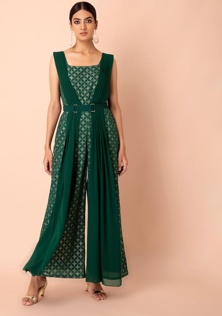 Buy Sea Green Jumpsuit In Georgette With Sequins And Zari Embroidered  Geometric Design And Floral Buttis KALKI Fashion India