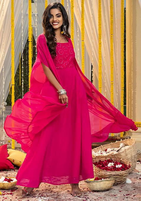 Hot Pink Mirror Embroidered Kurta with Attached Jacket