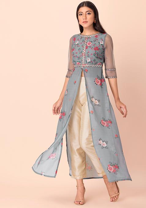 Buy Women Grey Floral Printed High Slit Kurta - RTW - Indya