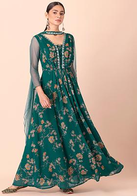 Buy Emerald Green Indowestern Gown With A Hand Embroidered Bodice And A One  Sided Cowl Drape Online - Kalki Fashion