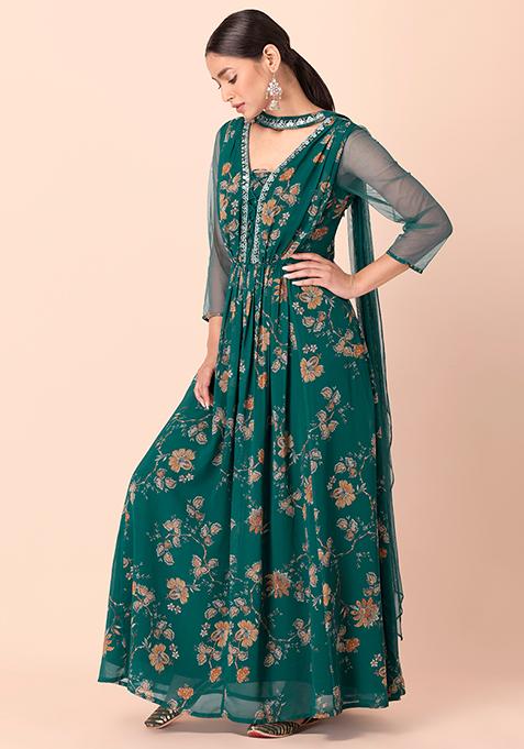 Buy Women Green Floral Kurta With Attached Dupatta - RTW - Indya