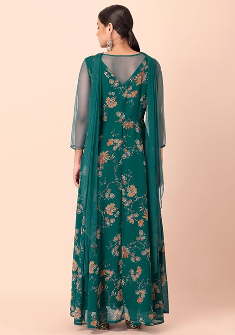 Buy Women Green Floral Kurta With Attached Dupatta - RTW - Indya