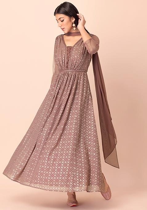 Dusty Pink Floral Kurta with Attached Dupatta 