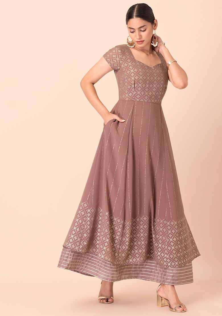 Buy Women Dusty Pink Foil Gota Layered Maxi Kurta - RTW - Indya