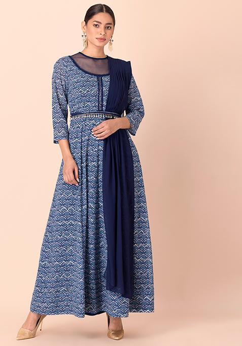 Navy Floral Belted Maxi Kurta with Attached Dupatta