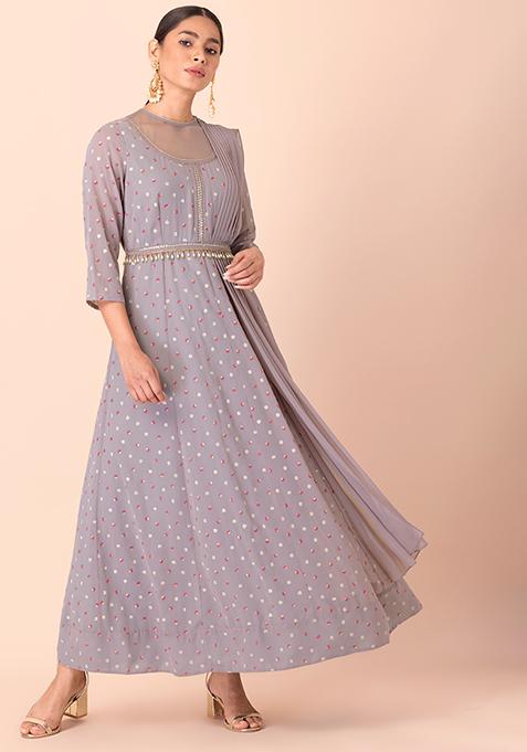 Light Grey Floral Belted Maxi Kurta with Attached Dupatta