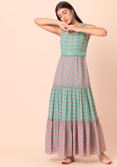 Green Pink Floral Tiered Belted Maxi Kurta 