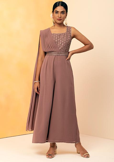 Dusty Pink Mirror Belted Jumpsuit with Attached Dupatta