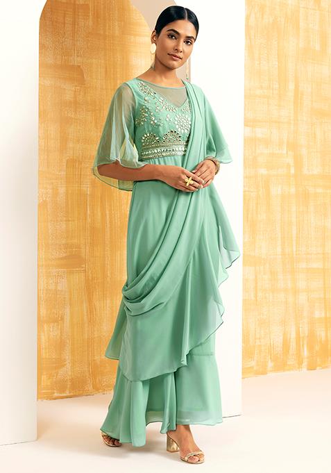 Sage Green Mirror Pre-Stitched Saree with Attached Blouse 