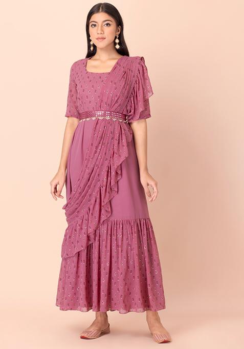 Pink Floral Belted Kurta with Attached Dupatta 