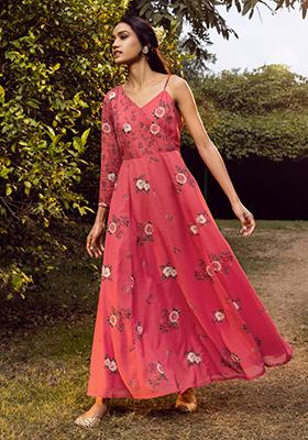 Pink Floral One Shoulder Strappy Maxi Kurta 