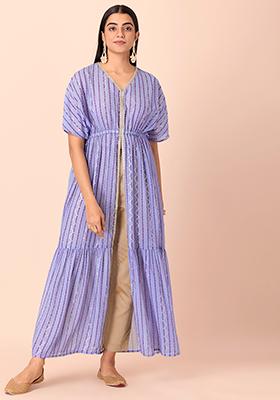 Lilac Striped Tiered Maxi Kurta With Attached Cami