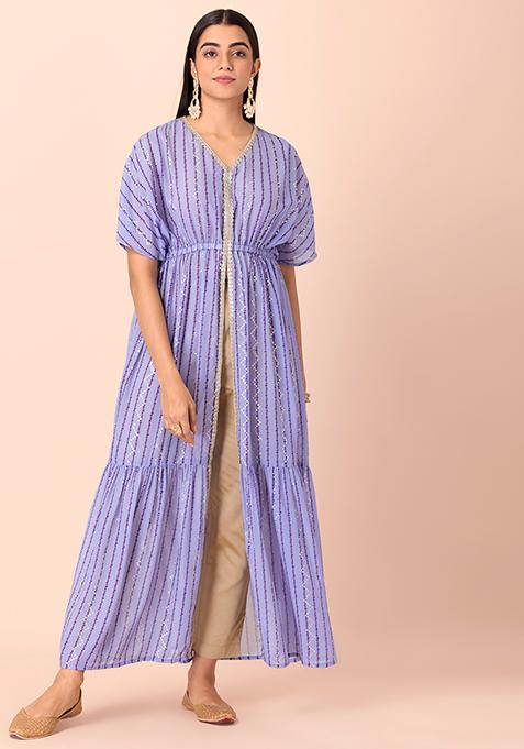 Lilac Striped Tiered Maxi Kurta With Attached Cami