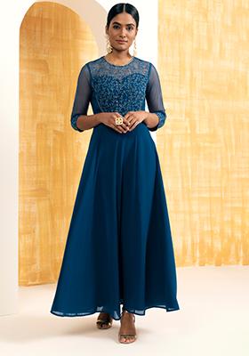 Anarkali Kurta Set Flared Kurta Indian Dress Kurta With Pant Blue Printed A-Line Kurta Kurta Women Top Set