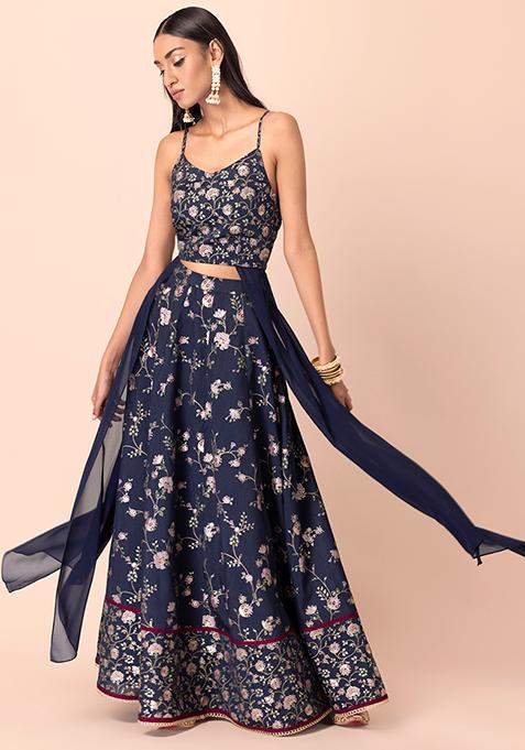 Navy Floral Foil High Slit Crop Top With Attached Drape