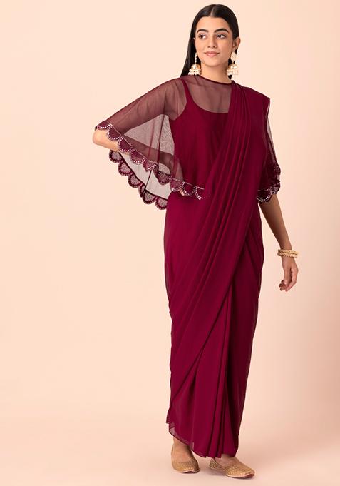 Maroon Embroidered Cape Pre-Stitched Saree with Attached Blouse 
