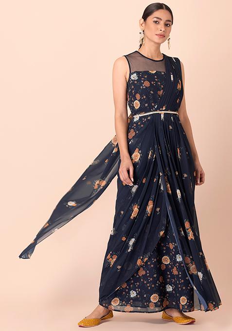 Navy Floral Draped Pre-Stitched Saree with Attached Blouse 