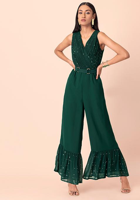 Green Foil Ruffled Belted Jumpsuit