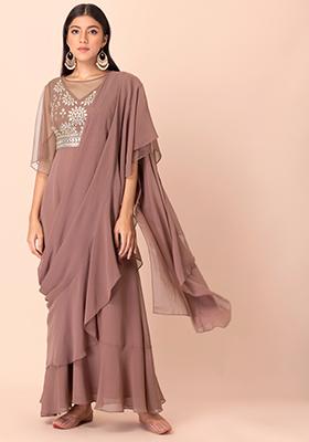 Dusty Pink Mirror Pre-Stitched Saree with Attached Blouse 
