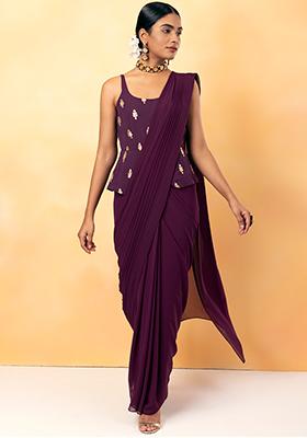 Purple Mirror Embroidered Peplum Pre-Stitched Saree with Attached Blouse