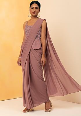 Dusty Pink Mirror Embroidered Peplum Pre-Stitched Saree with Attached Blouse 