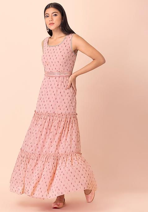 Peach Floral Tiered Belted Maxi Kurta 