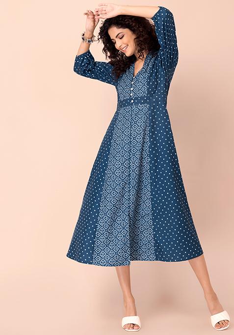 Blue Bandhani Mix Print A-Line Kurta 