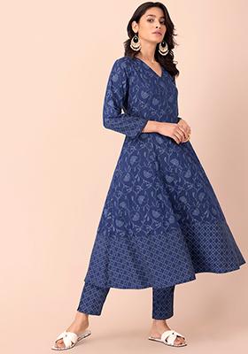 Anarkali Kurta Set Flared Kurta Indian Dress Kurta With Pant Blue Printed A-Line Kurta Kurta Women Top Set