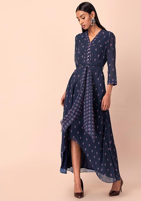 Navy Geo Floral Belted High Low Kurta 