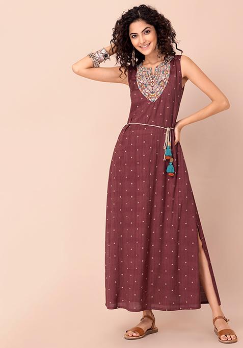 Maroon Embroidered Belted Straight Maxi Kurta 