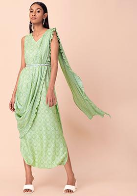 Green Foil Belted Jumpsuit with Attached Dupatta 