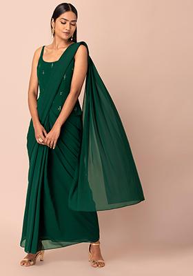 Green Foil Peplum Pre-Stitched Saree with Attached Blouse