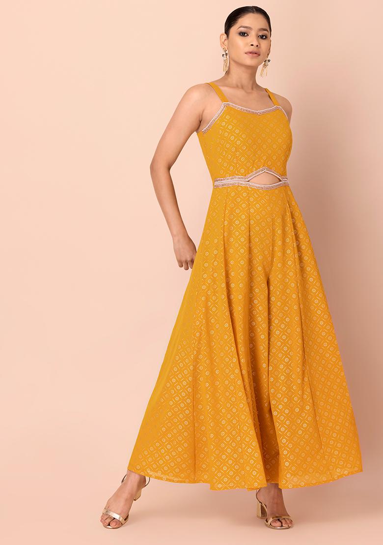 Indya Yellow Cotton Printed A-Line Dress