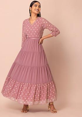 Pink Floral Foil Tiered Belted Maxi Kurta 