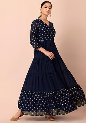 Navy Floral Foil Tiered Belted Maxi Kurta 