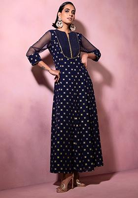 Navy Floral Cut Out Back Anarkali Kurta 