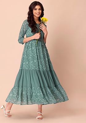 Green Floral Embroidered Tiered Maxi  Kurta 